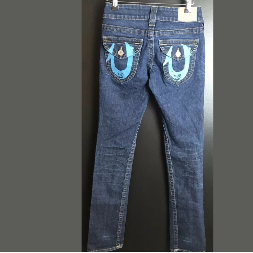 Vtg TRUE RELIGION Long Painted Pocket Denim Jeans Vintage Y2K Blue Flap Pockets